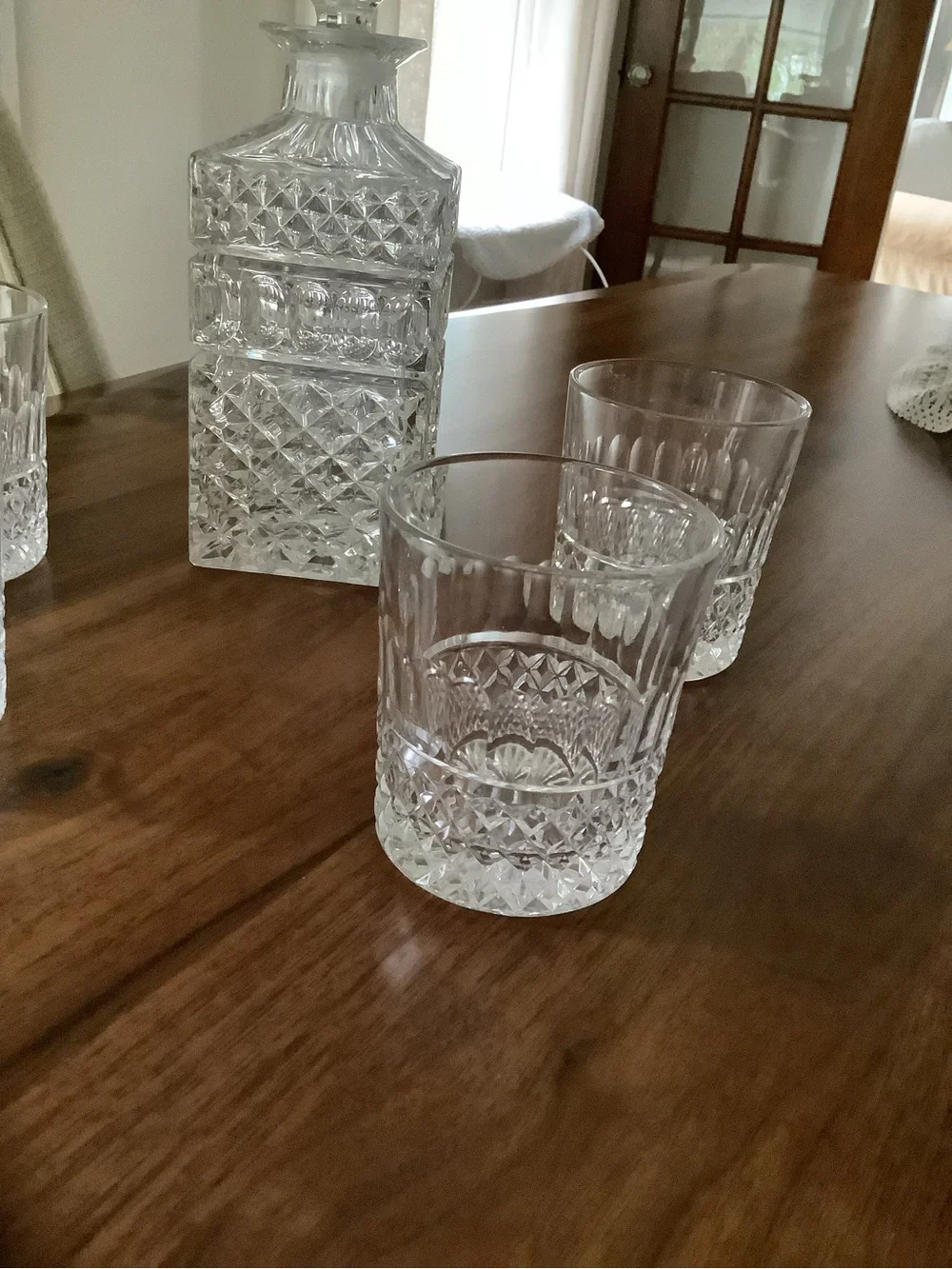 Vintage Clear Cut-Glass Decanter Set with Four old-fashioned glasses